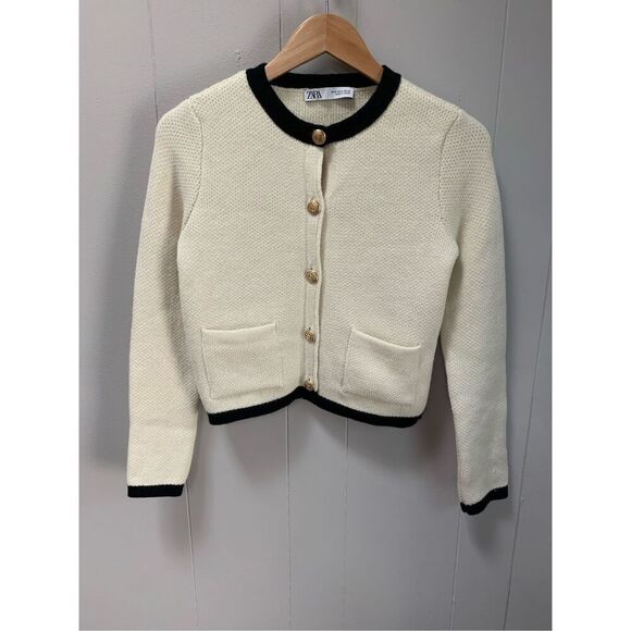 ZARA GOLDEN BUTTON KNIT CARDIGAN SWEATER BLACK WHITE MEDIUM - Picture 2 of 6